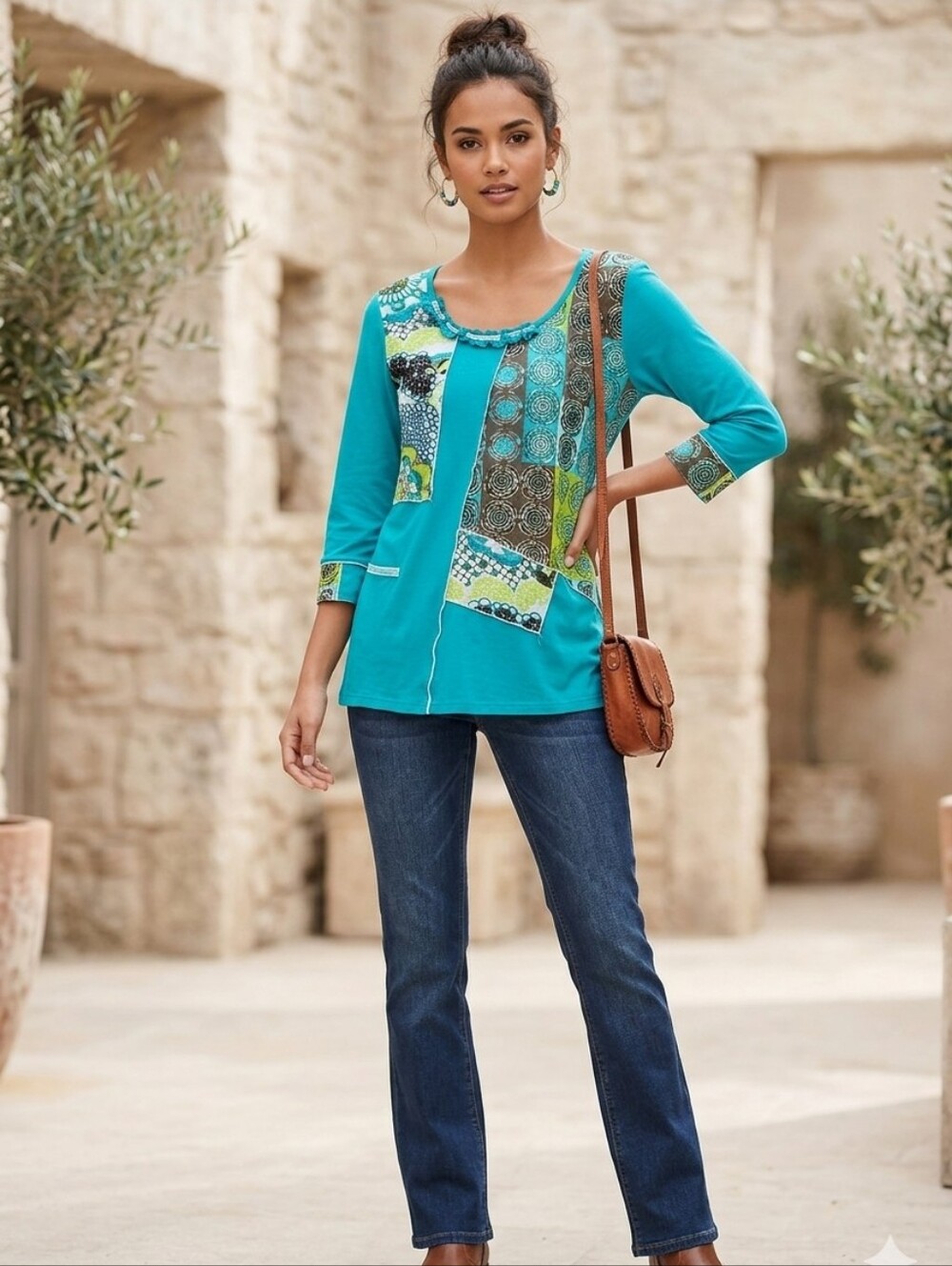 Teal Patchwork Print 3/4 Sleeve Top